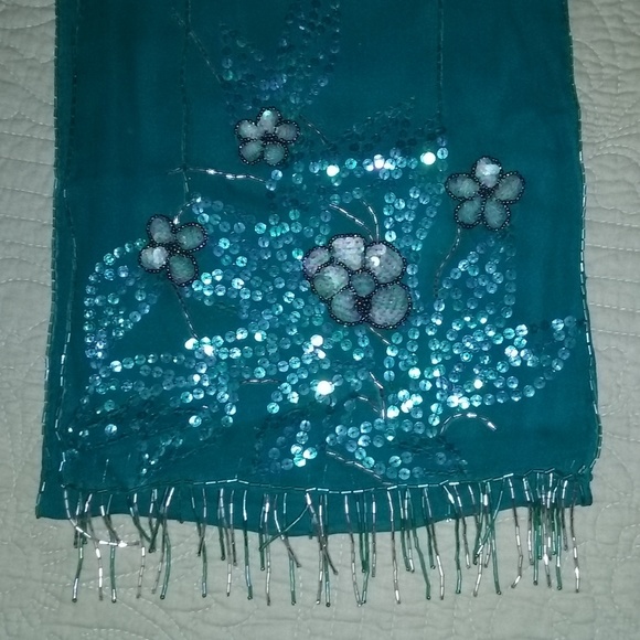 Accessories - HP! Vtg sequined silk scarf w/bead fringe, EUC